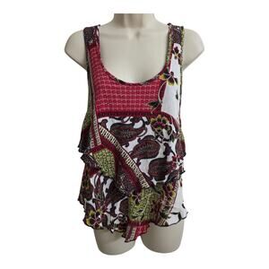 Women's Medium Sleeveless Blouse Tiered Ruffle Floral Boho Festival Top - Cure